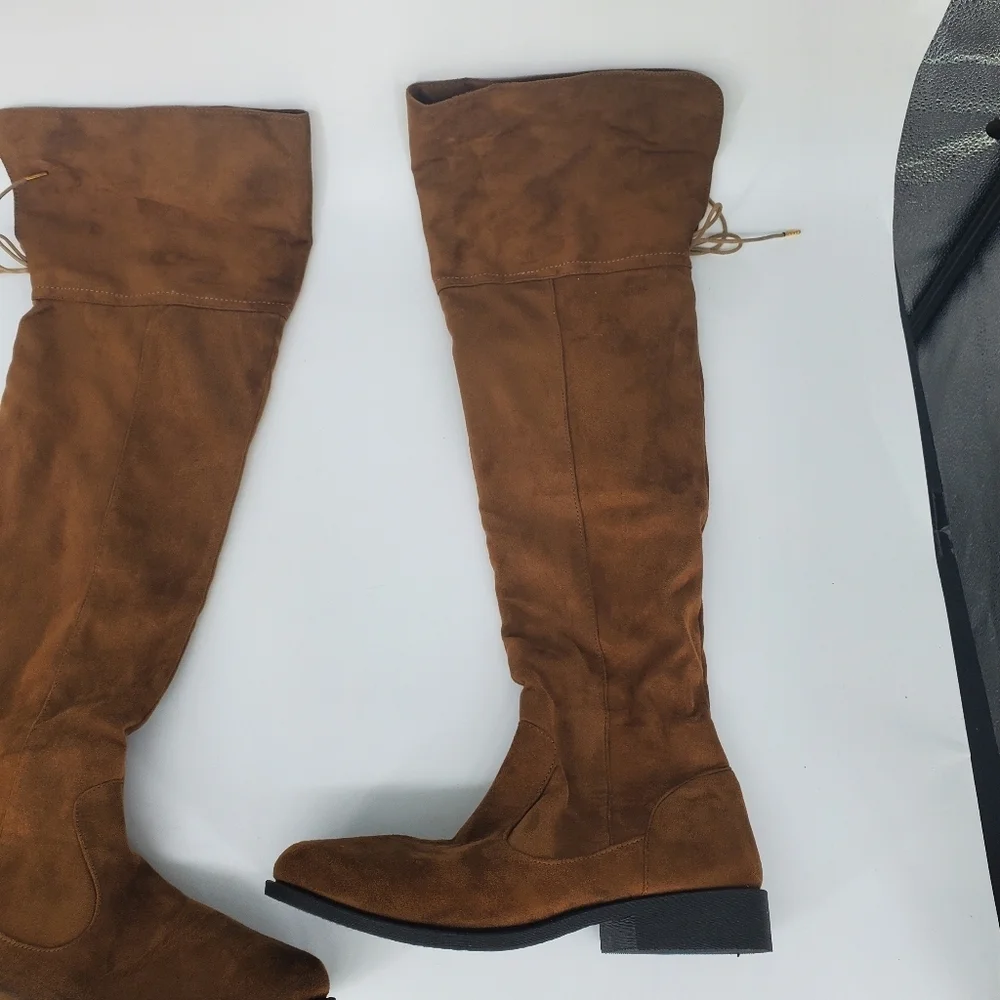 Qupid Over The Knee Boots OTK Brown Camel Faux Suede Flat Thigh High W 10 Shoes